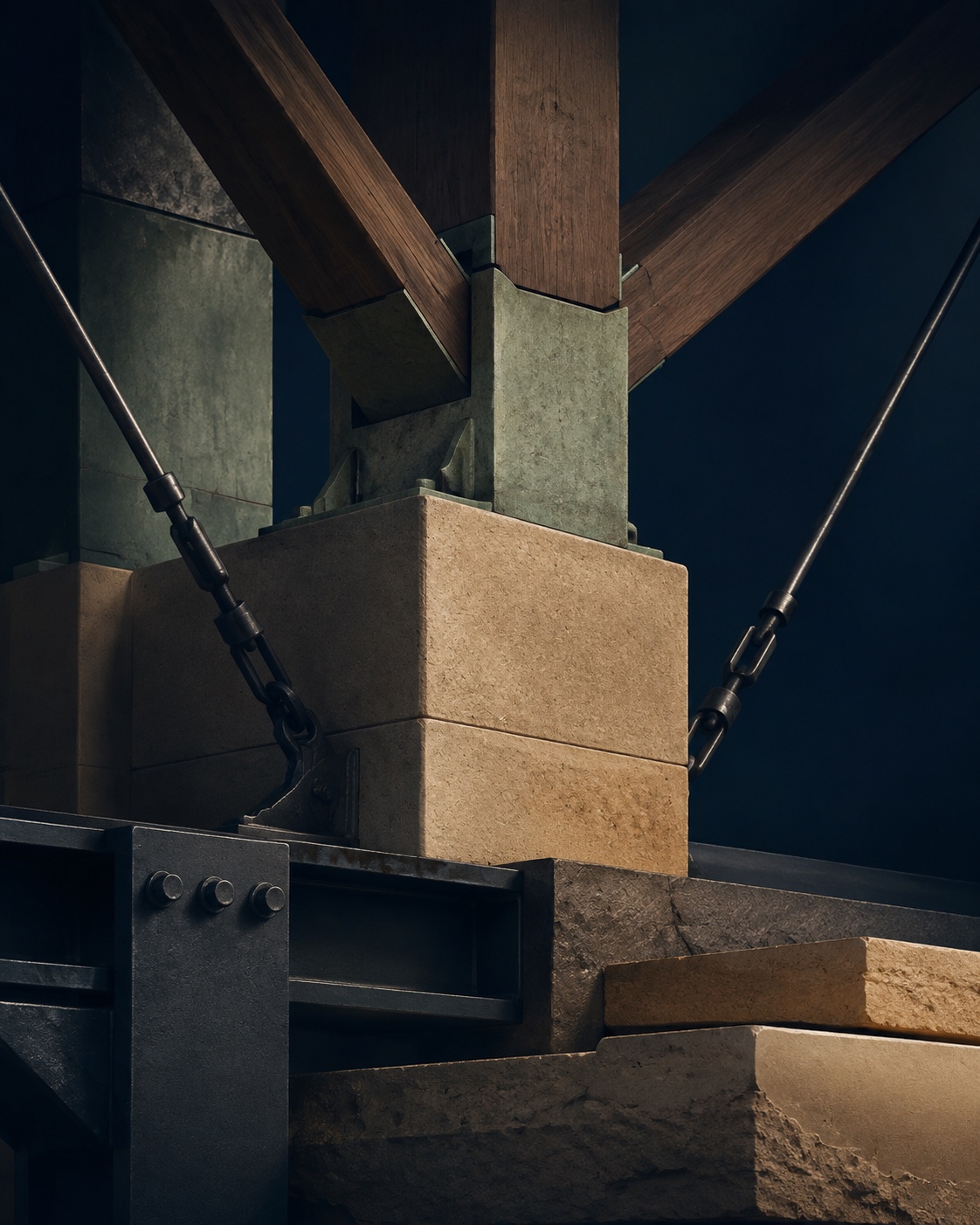 Timber, stone and steel members held by tensioned structural connections.